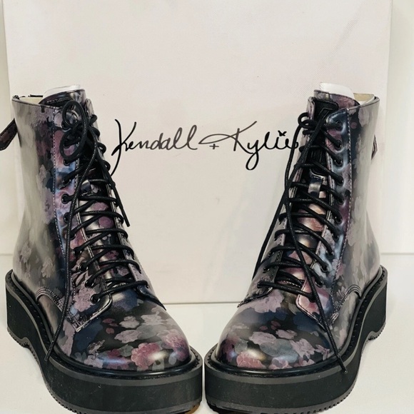 Kendall & Kylie Black and Purple Floral Combat Boots - Picture 1 of 8